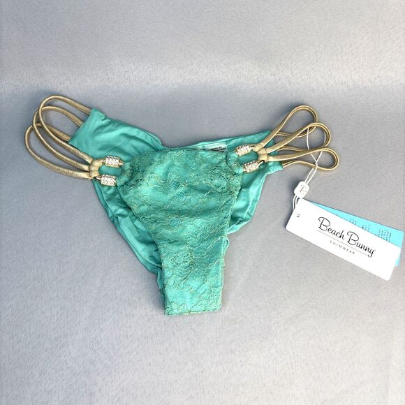 Beach Bunny Bikini Bottom Medium Madagascar Glam Mint Gold & Rhinestone Hardware - Picture 5 of 15